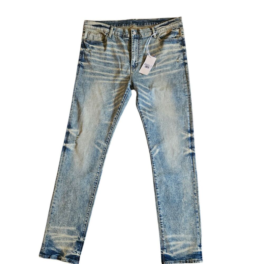 MNML Jeans Mens Size 40x33 Blue Acid Wash Stretch Denim Straight Leg Whiskers